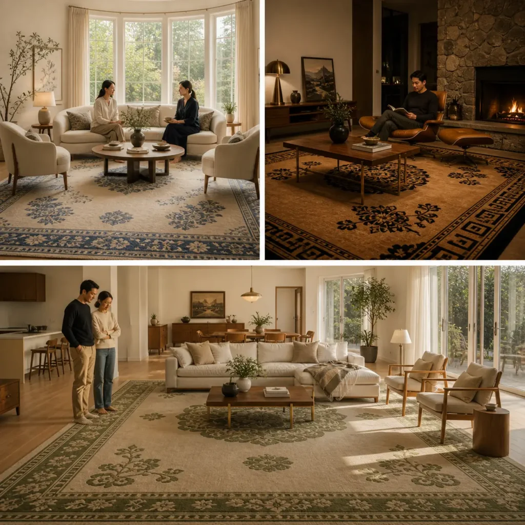 Chinese Art Deco rugs in modern living rooms: ivory and blue, gold and navy, and ivory and green medallion designs