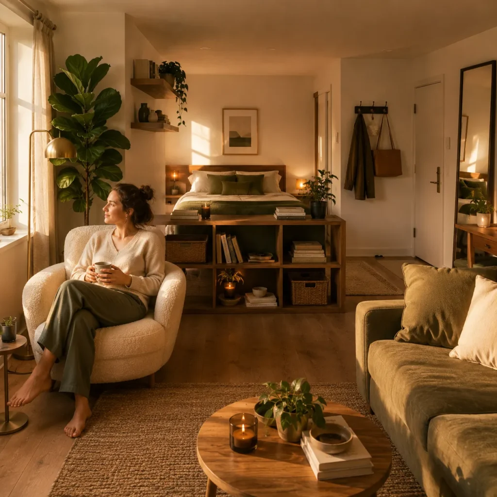 Comfortable studio apartment at night with layered lighting