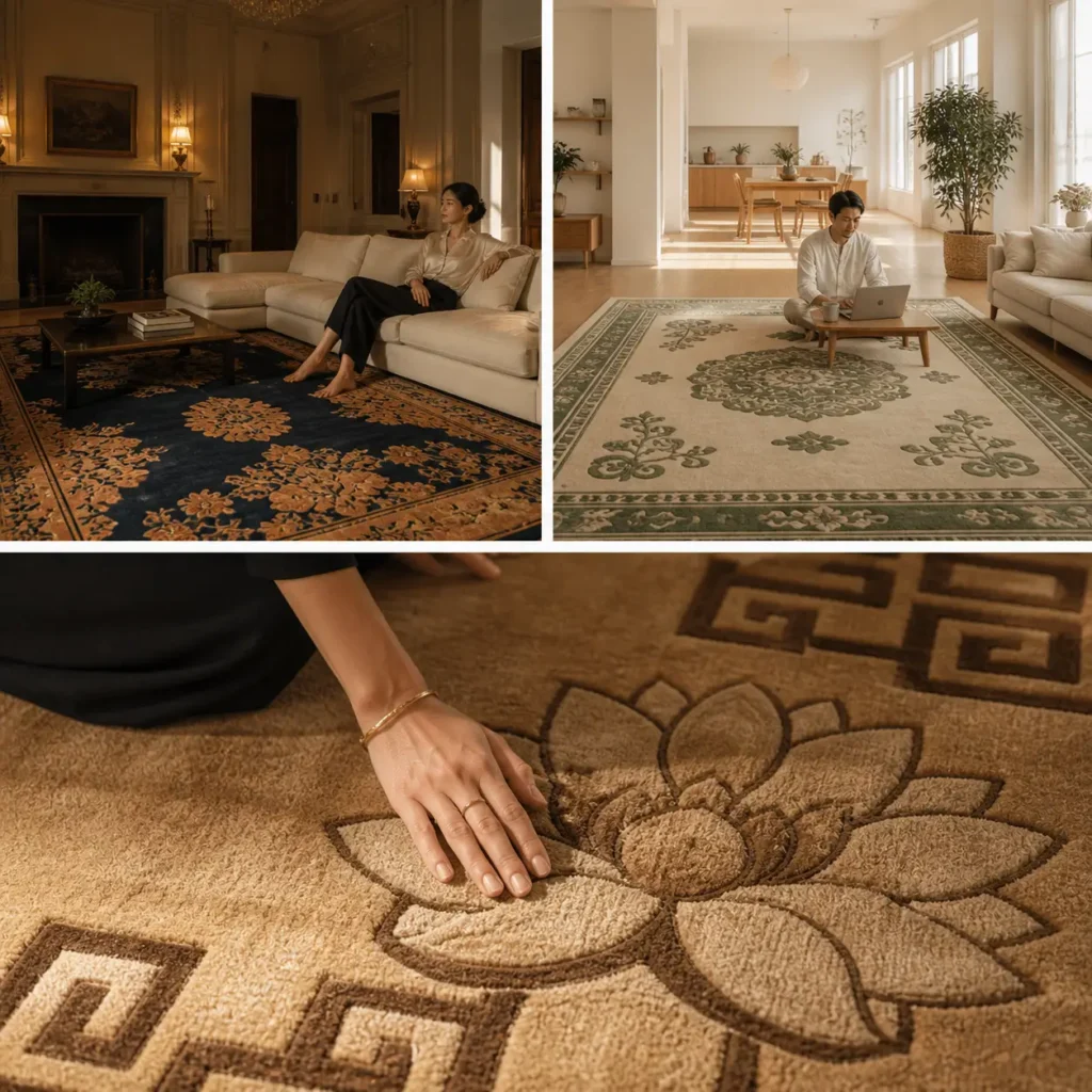 Close-up of a carved lotus motif and key fret border on a Chinese Art Deco rug, with medallion rugs in living rooms