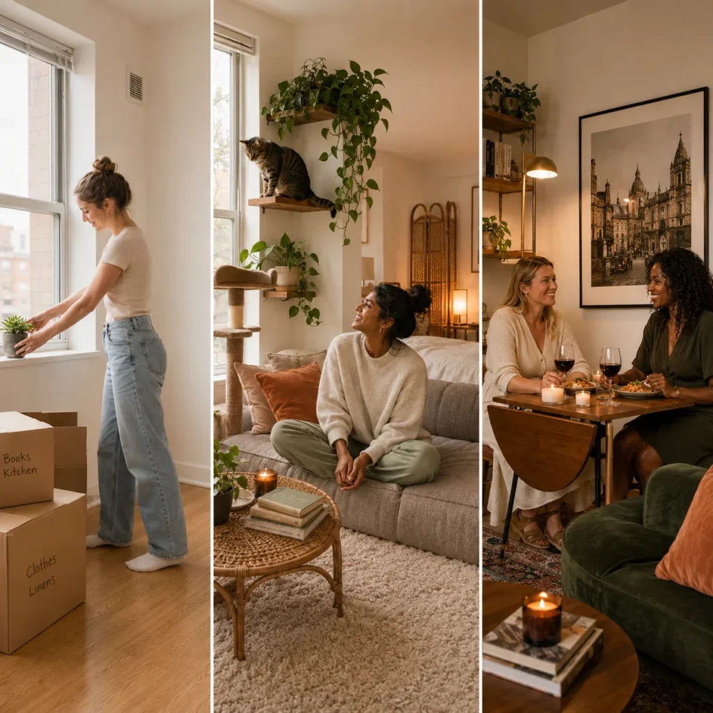 Person settling into a cozy studio apartment for the first time