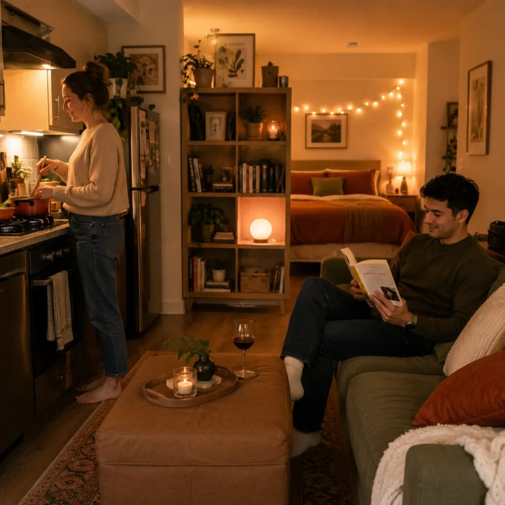 Couple relaxing together on a sofa in a shared studio apartment