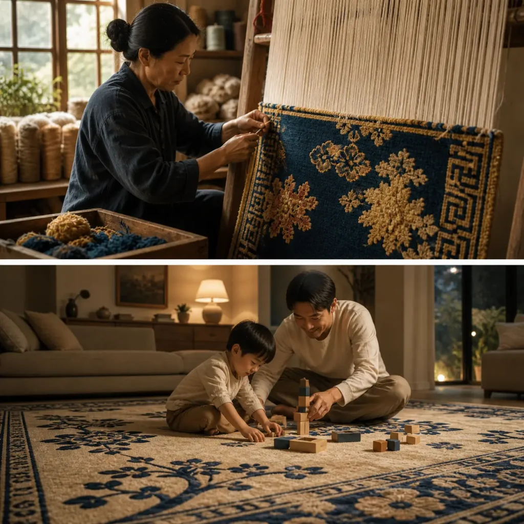 Hand-knotting a navy and gold Chinese Art Deco style rug with a key fret border on a loom, wool skeins nearby