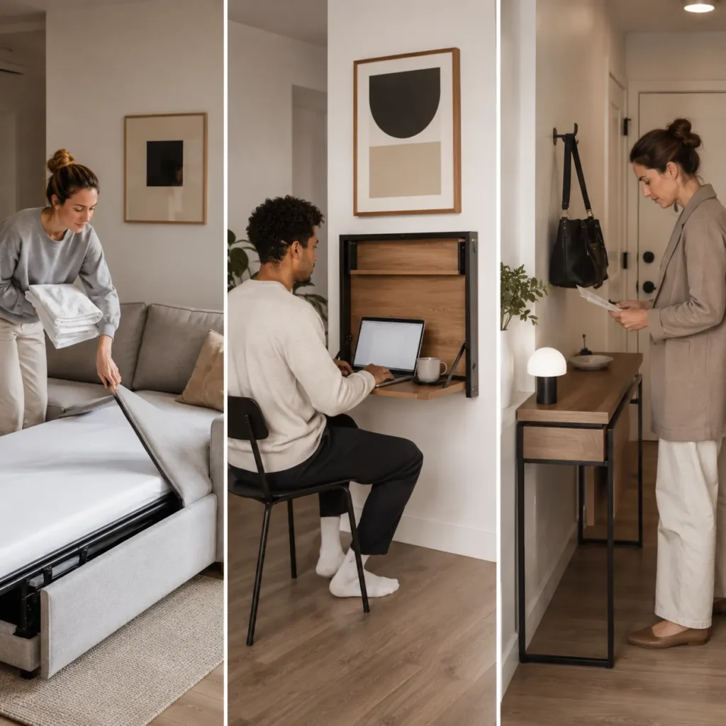 Multifunctional furniture in a small studio apartment living zone