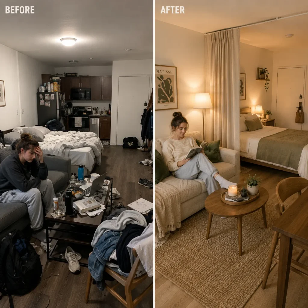Studio apartment bed in clear view of the living area and kitchen