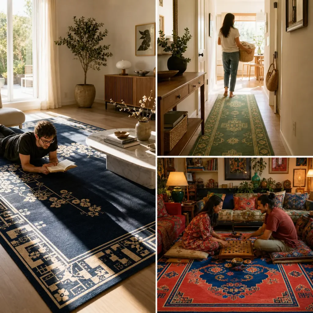 Vintage Chinese Art Deco rugs: a navy rug with a fret border, a green runner and a red and blue rug in a cozy room