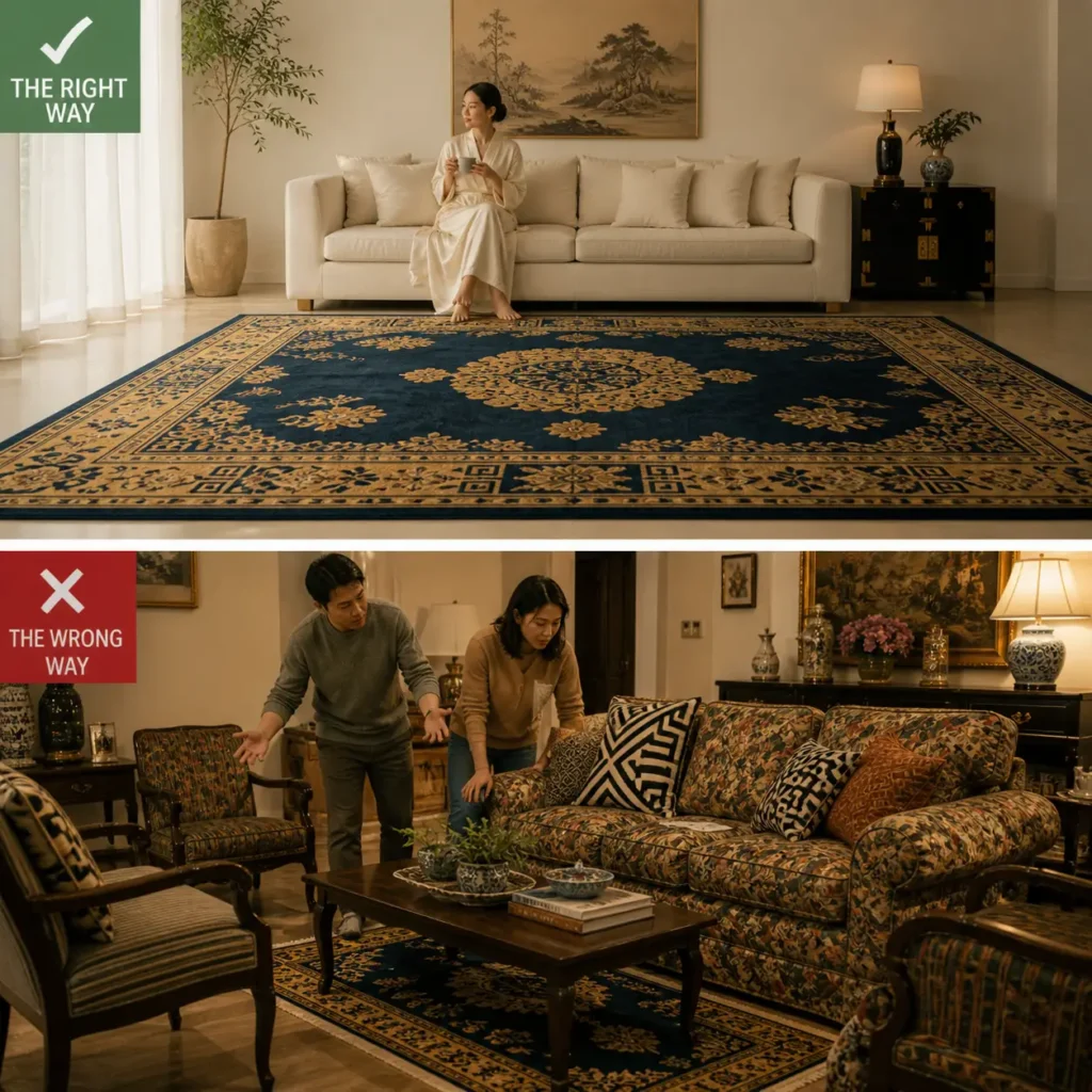 Right and wrong way to style a Chinese Art Deco rug: a calm cream sofa versus clashing patterned furniture