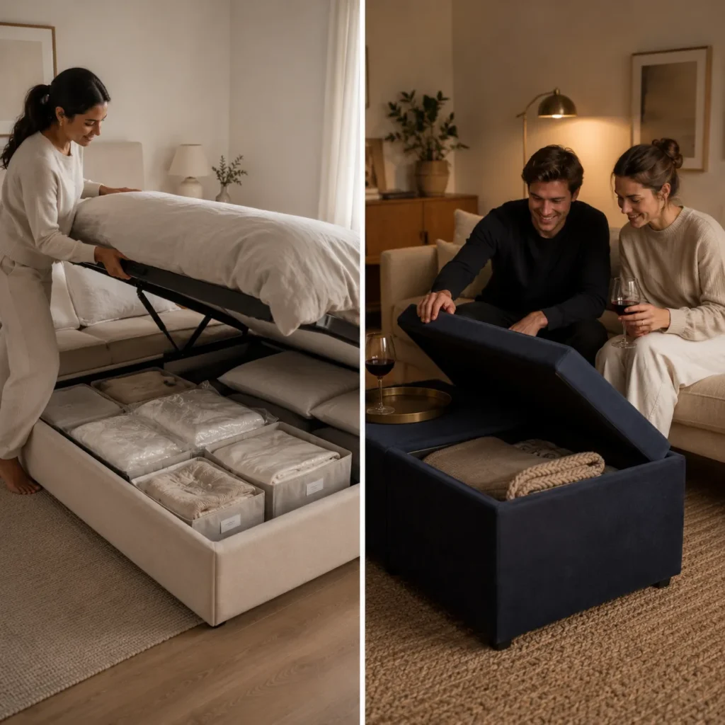 Storage bed and ottoman coffee table in a studio apartment