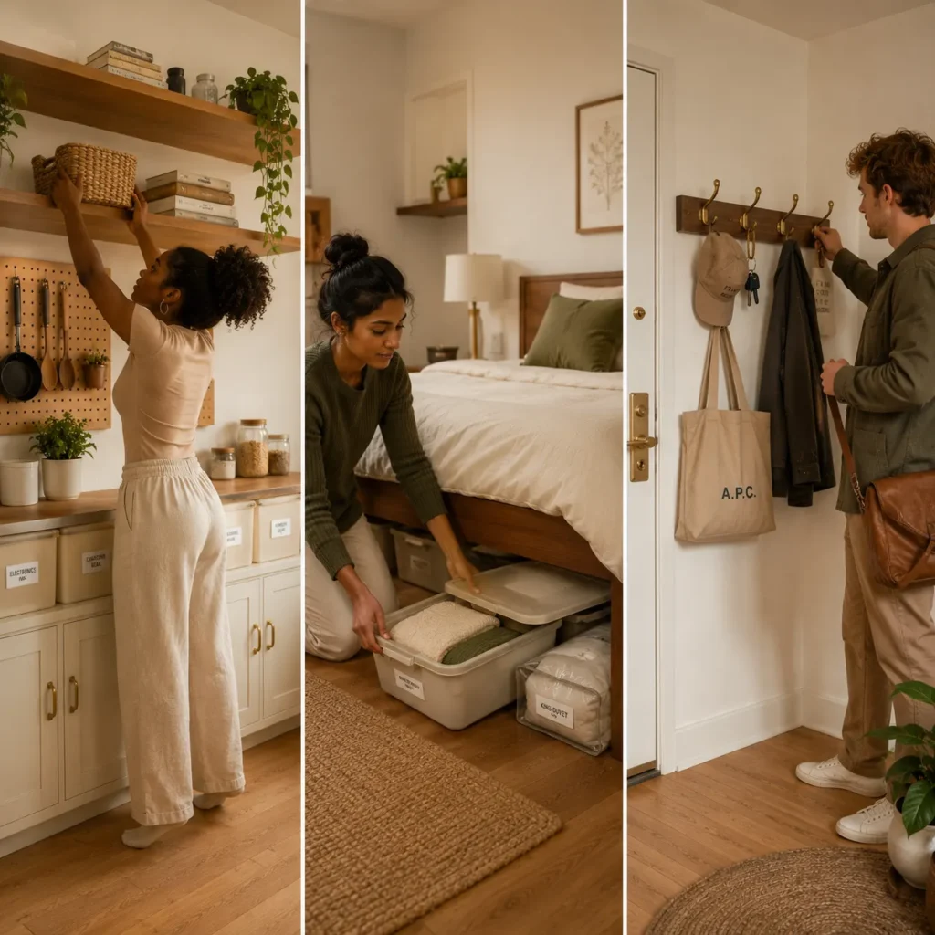 Wall shelves and baskets keeping a small studio apartment tidy