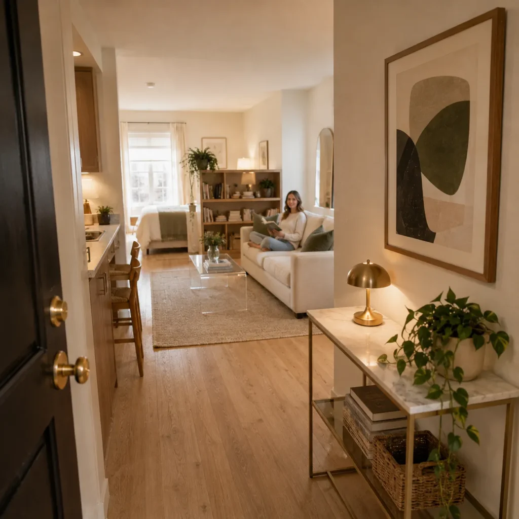 Clear view from the entry across a tidy studio apartment