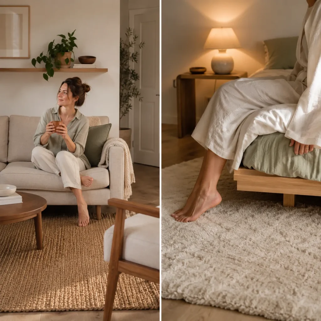 Area rug defining the living zone in a studio apartment