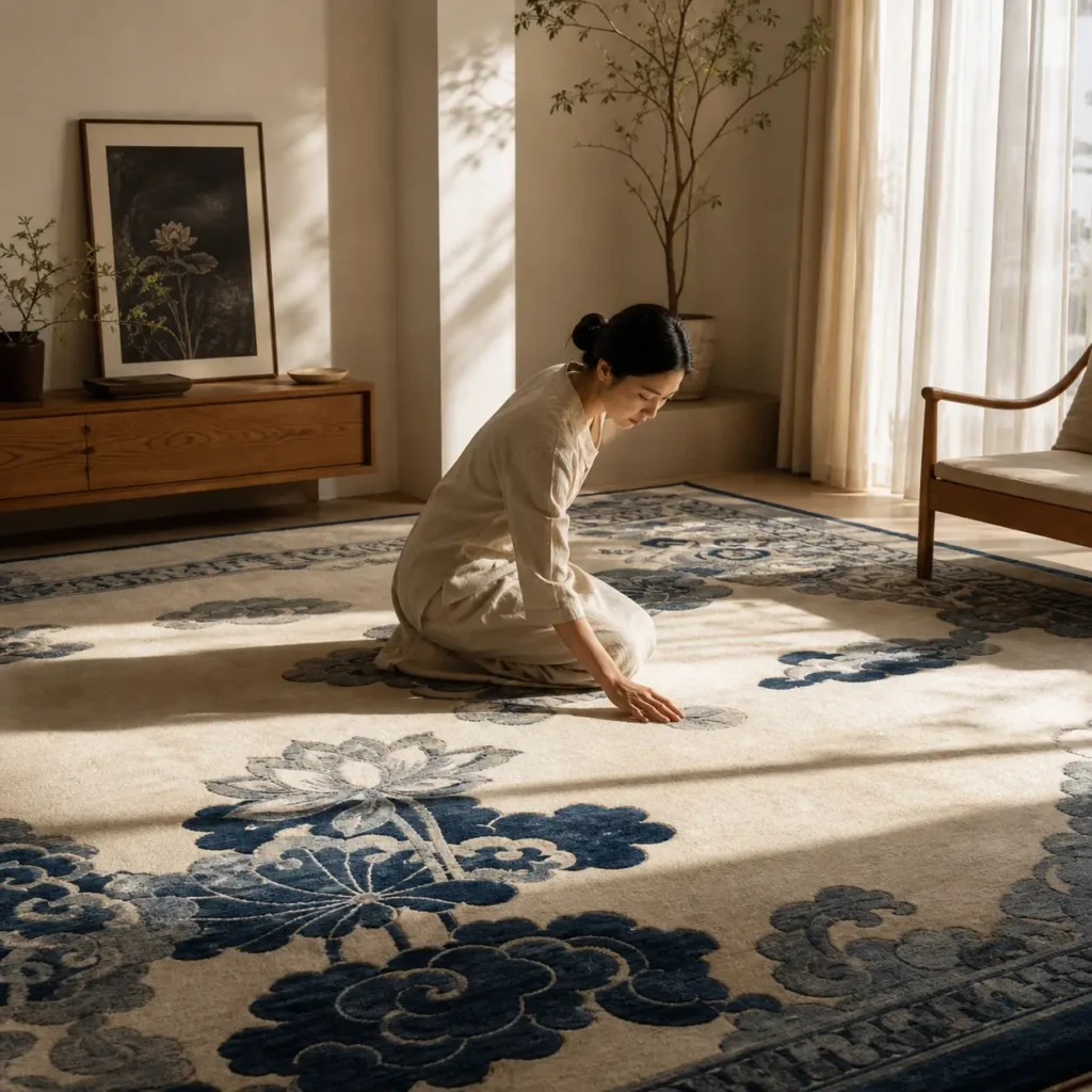 Ivory Chinese Art Deco rug with navy lotus and cloud motifs on an open field in a sunlit minimalist room