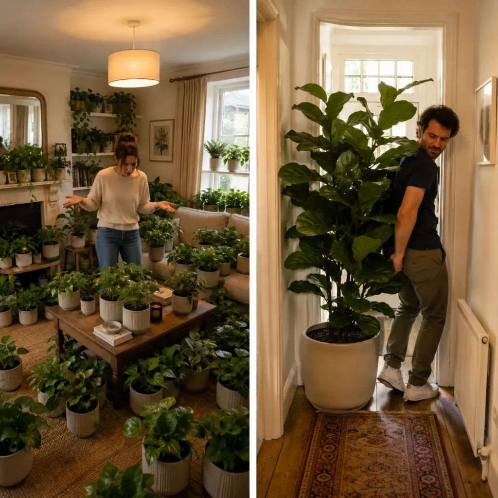 Plant styling mistakes: too many small pots crowding a living room and a large plant blocking a narrow hallway