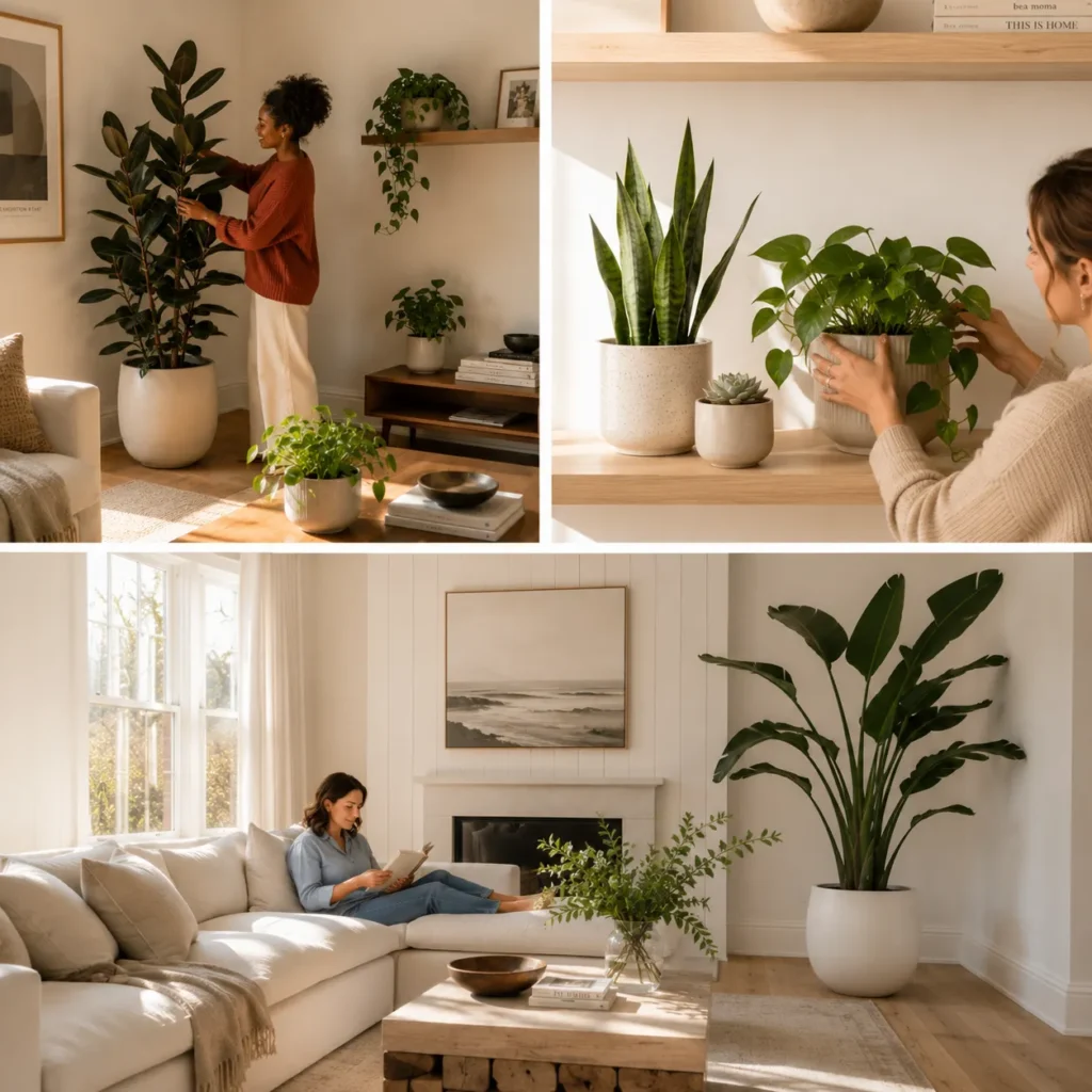 Styling indoor plants at different heights: a tall floor plant, a snake plant on a shelf and tabletop greenery