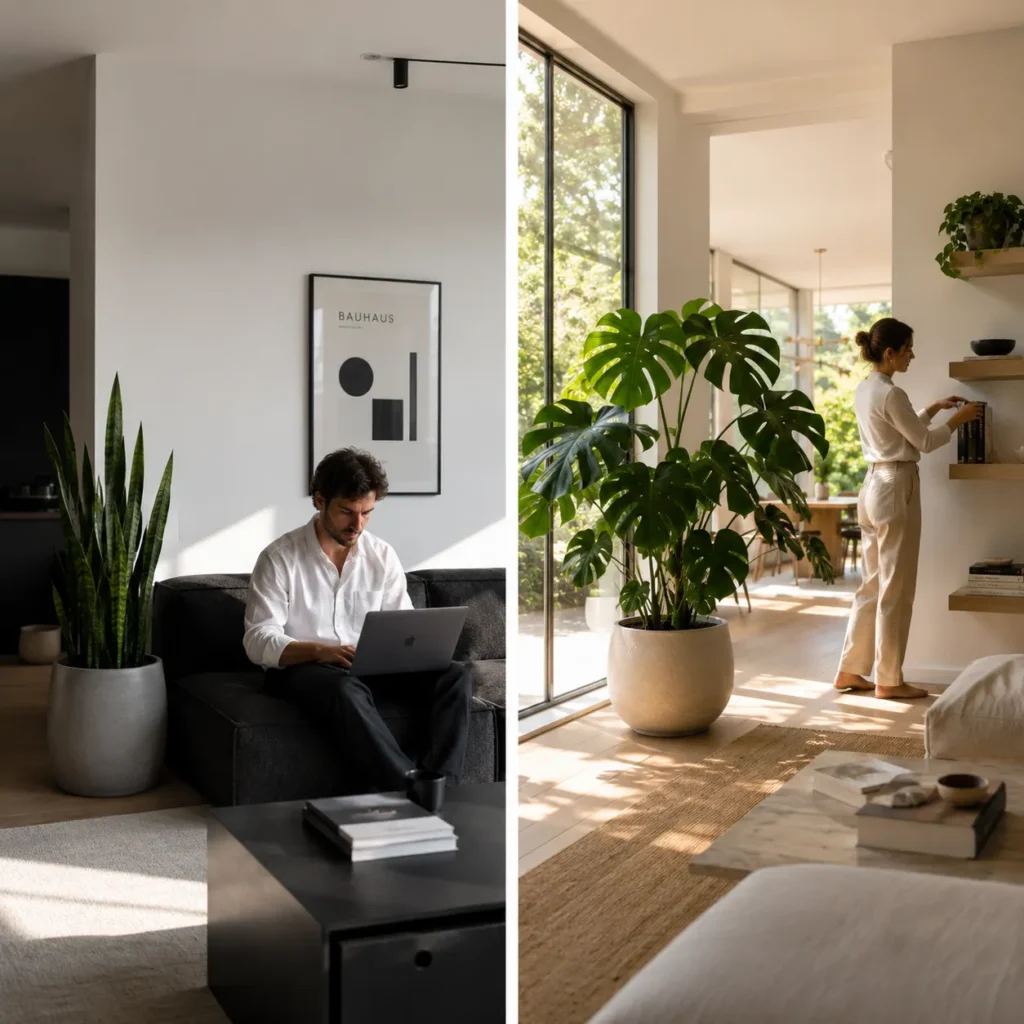 Modern plant styling: a tall snake plant by a dark sofa and a monstera in a white pot near a bright window