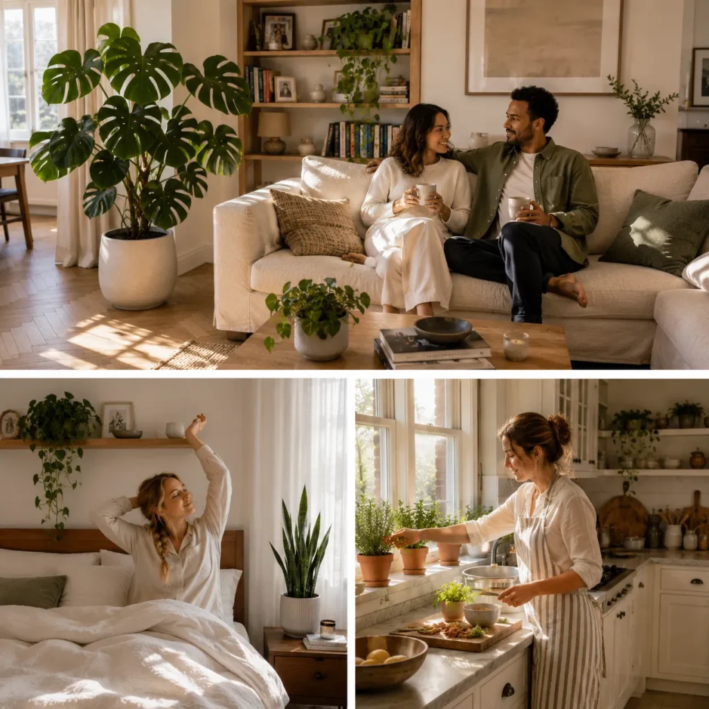 Indoor plant styling by room: a monstera in the living room, a snake plant by the bed and potted herbs in a kitchen