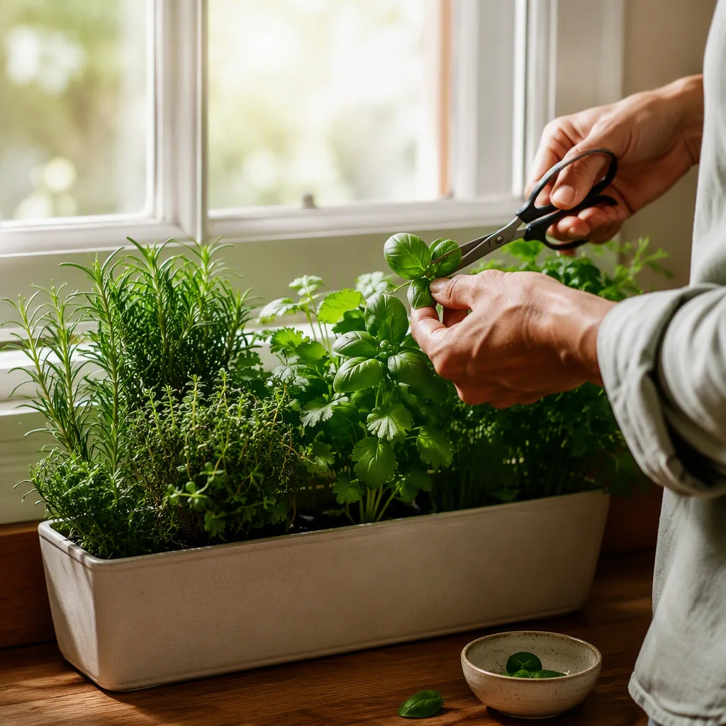 Person snipping basil from a rectangular indoor window box planter on a sunny kitchen sill