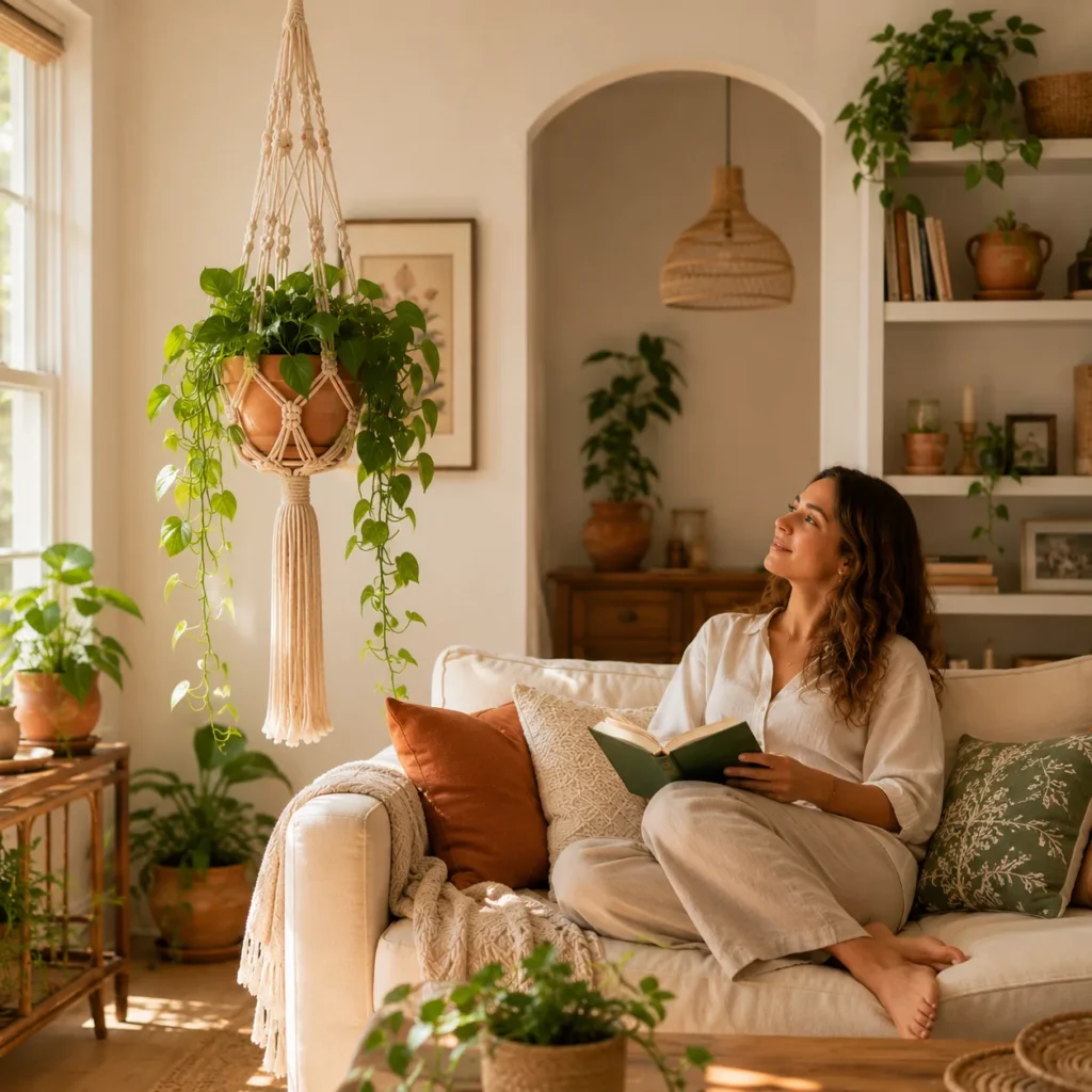 Handmade macrame plant hanger with pothos in cozy living room
