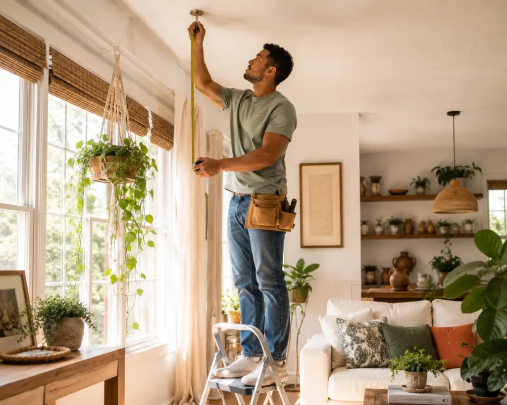 Installing a ceiling hook to hang a macrame plant hanger safely