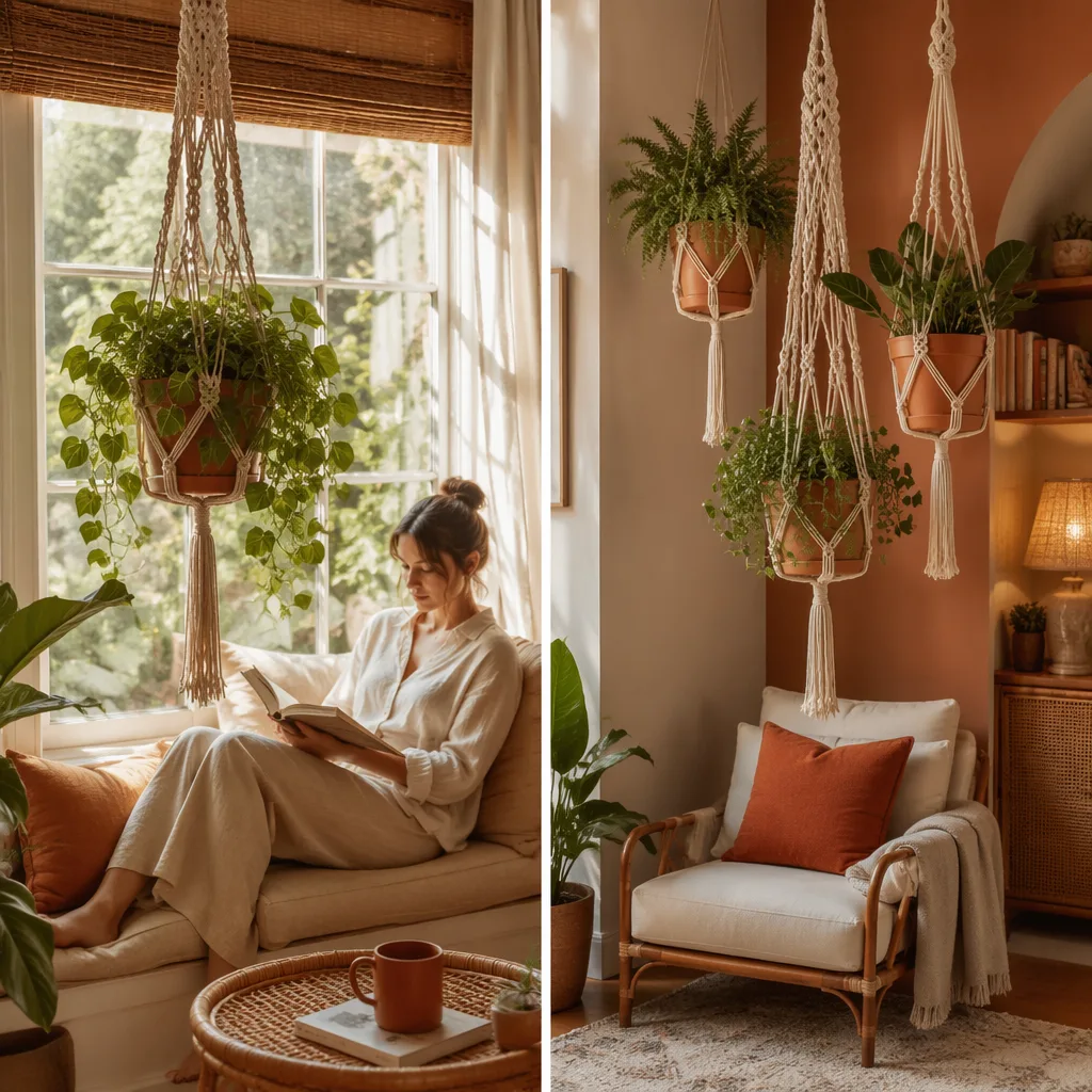 Macrame plant hanger placement ideas by window and reading nook