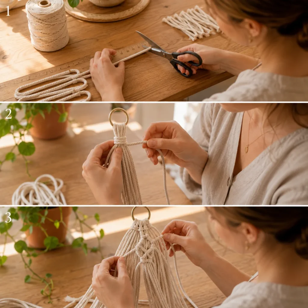 Cutting folding and knotting cord to start a macrame plant hanger