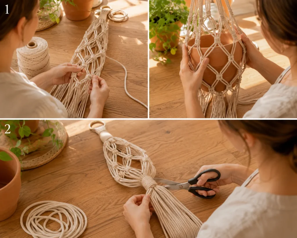 Shaping the net and trimming fringe on a diy macrame hanger