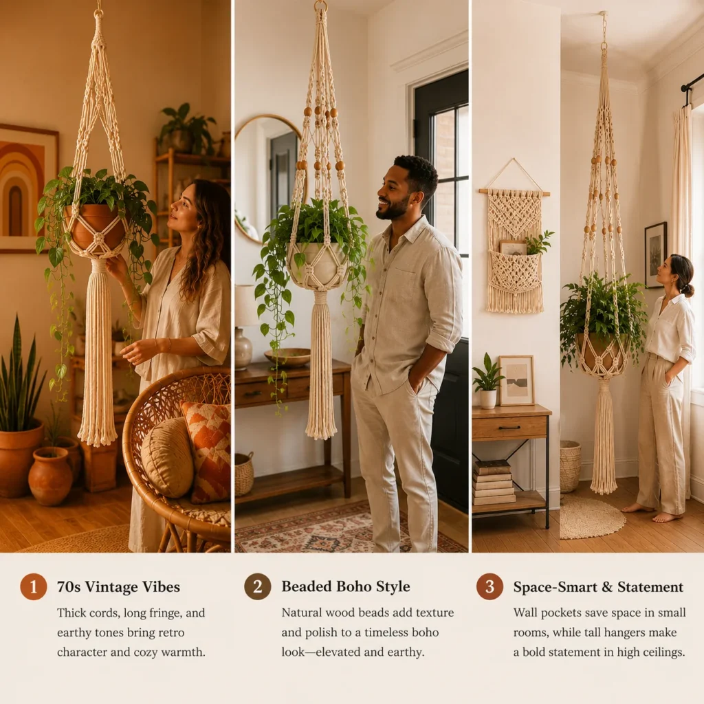 Vintage boho and wall mounted macrame plant hanger styles