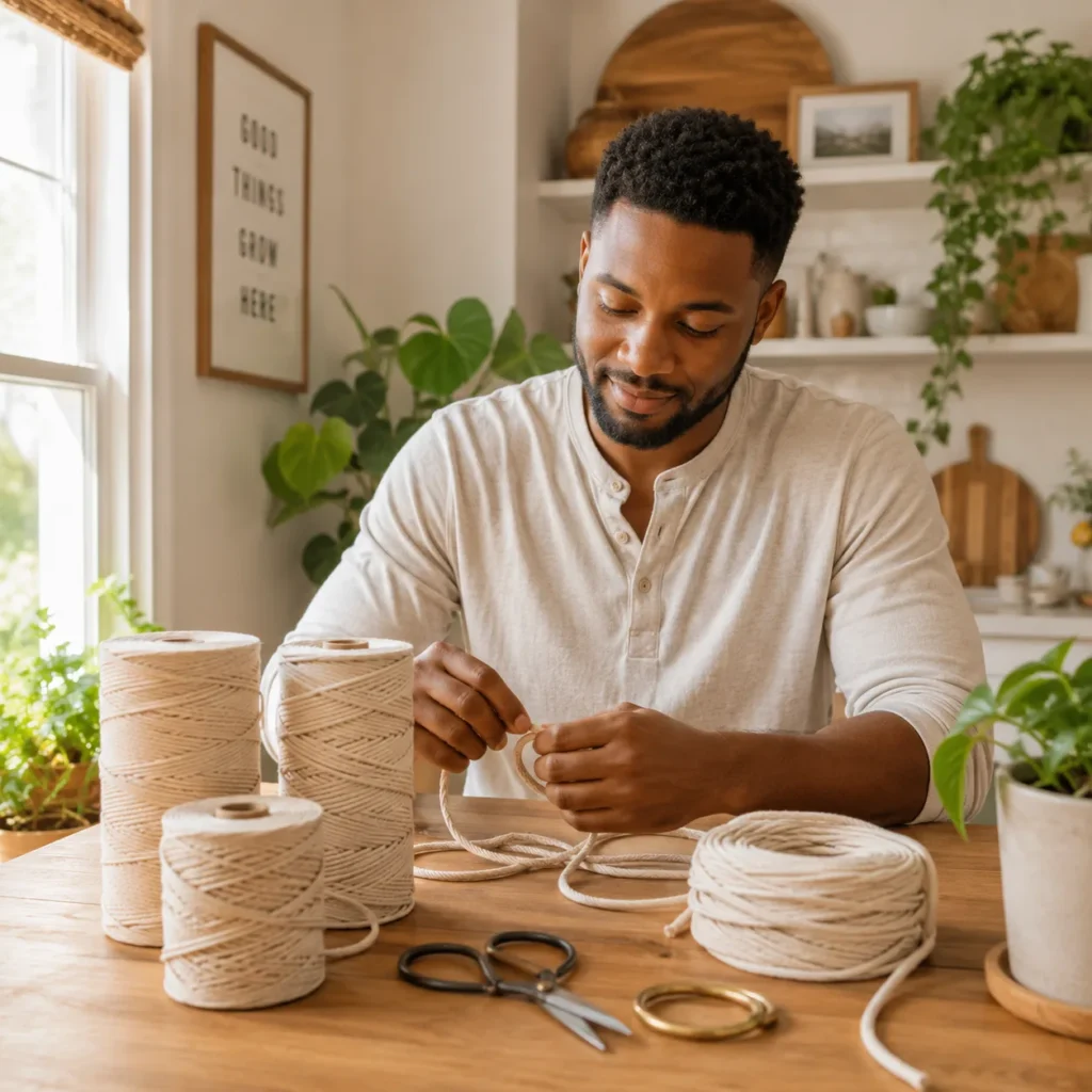 Cotton macrame cord and ring supplies for making a plant hanger