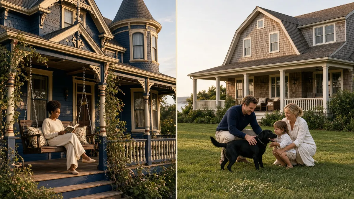 American mansion styles: a Queen Anne Victorian mansion with a turret and wraparound porch, and a cedar Shingle Style estate