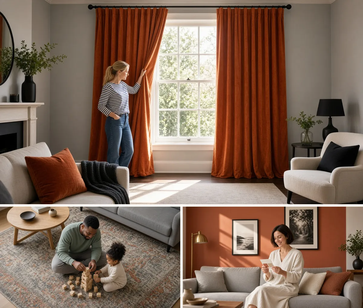 Grey and orange living room ideas: rust velvet curtains, a grey and orange vintage rug and a terracotta wall by a grey sofa
