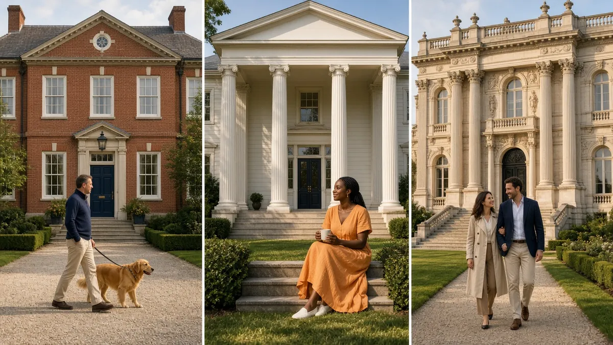 Classic mansion styles: a Georgian brick mansion, a white Greek Revival mansion with columns and a stone Beaux-Arts mansion