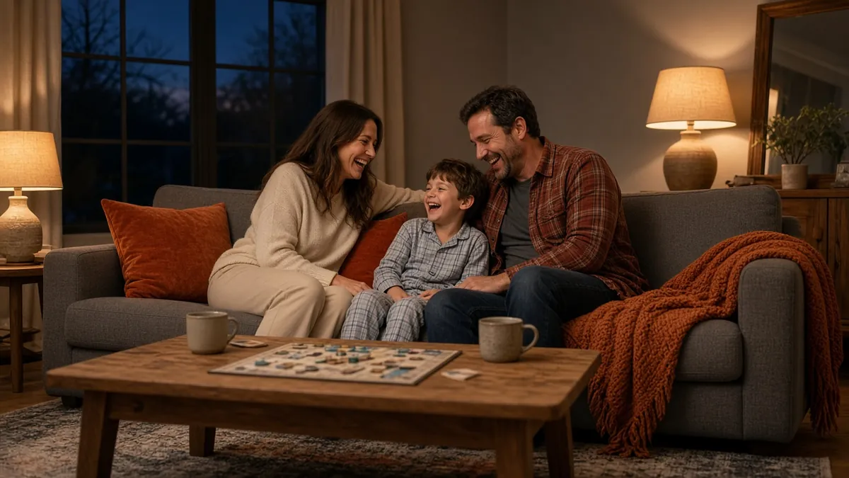 Family of three relaxing on a grey sofa with rust pillows and a knit throw in a warm, lamp lit grey and orange living room
