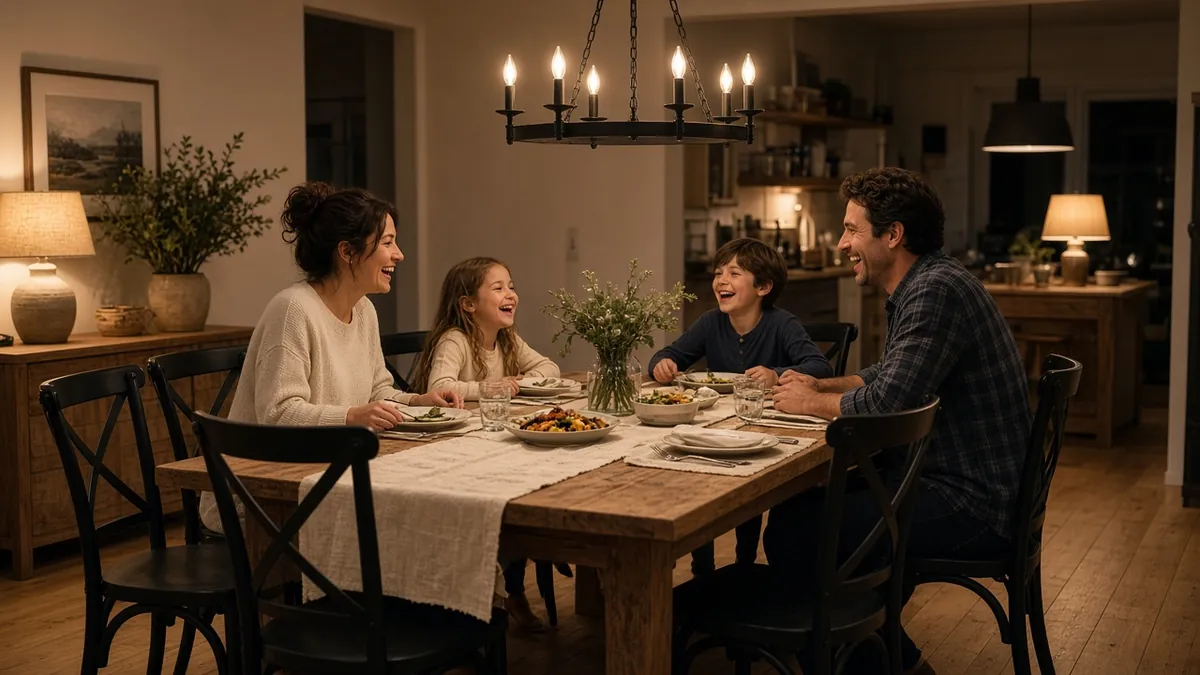 Family of four laughing around a warmly lit farmhouse dining table with X-back chairs, a linen runner and a black chandelier