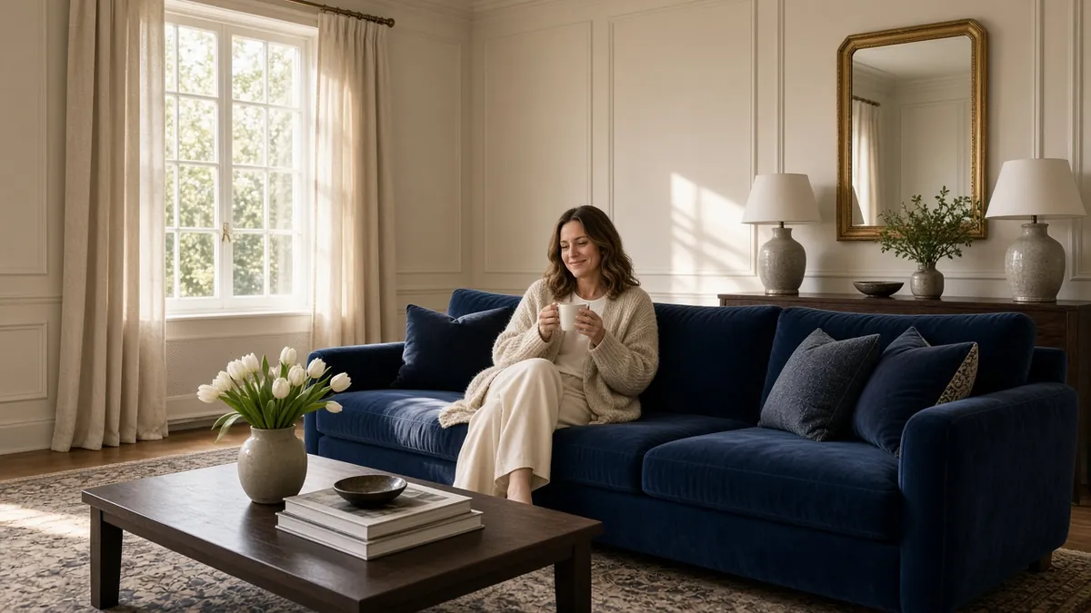 Woman relaxing with a ceramic mug in a mansion-inspired living room with paneled walls, paired lamps, and a navy velvet sofa