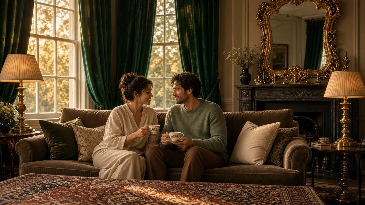 Couple sharing tea on a velvet sofa in a softly lit Victorian living room with brass lamps, emerald curtains and a mirror