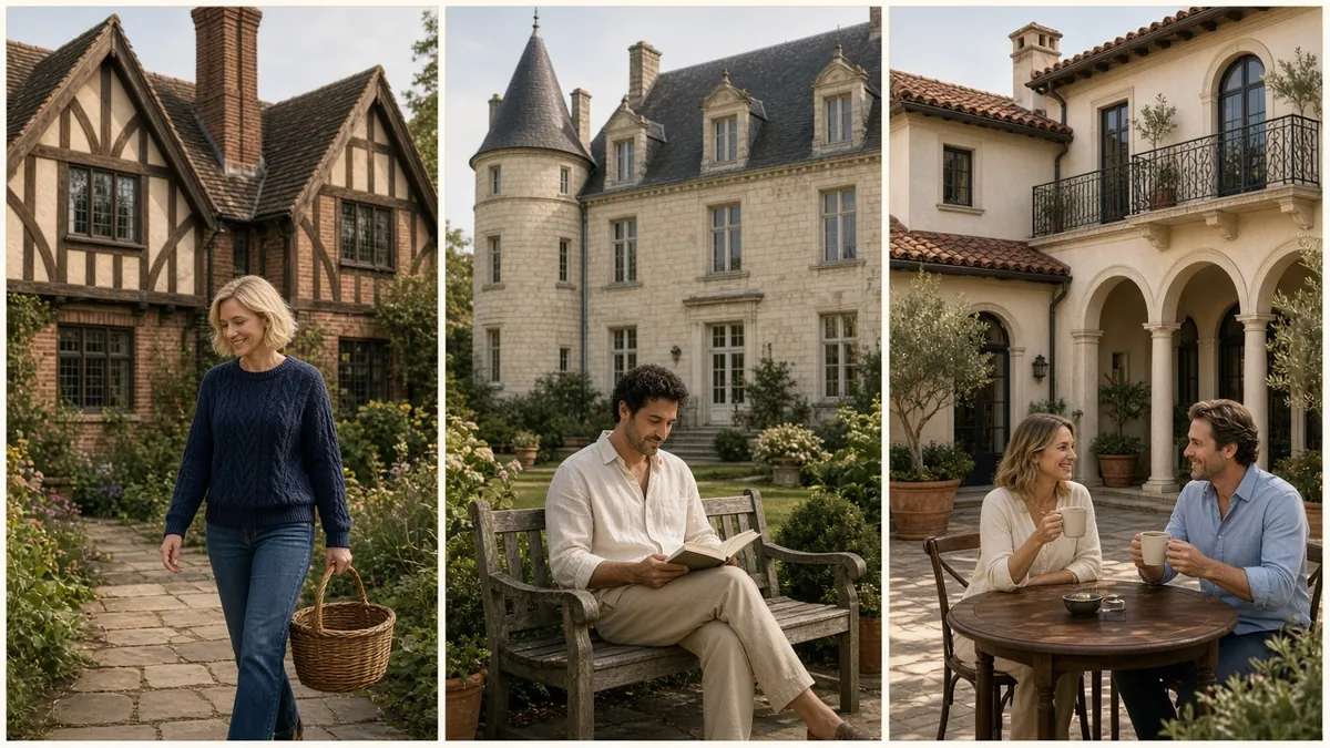 European inspired mansions: a half timbered Tudor Revival manor, a French château with turrets and a Mediterranean villa