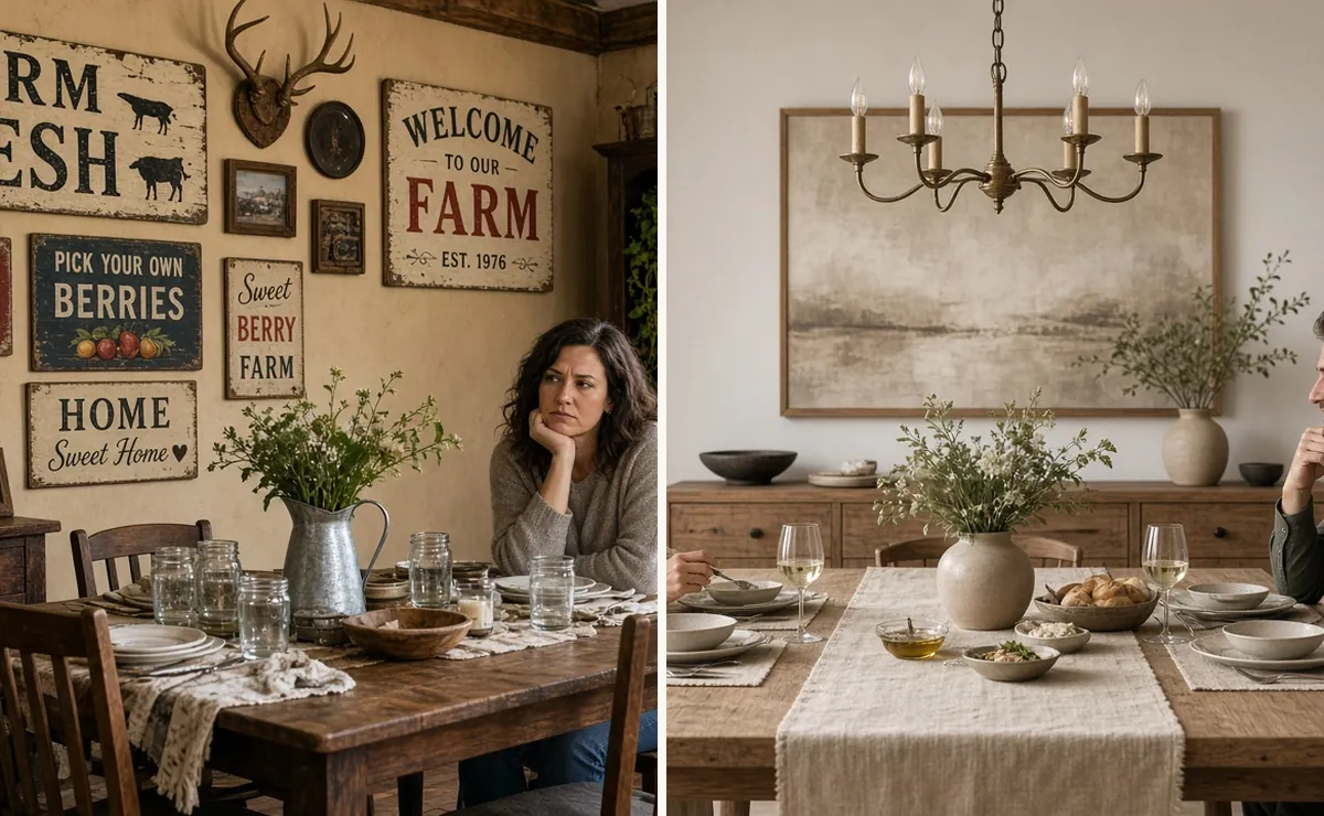 Cluttered rustic dining room with too many signs and jars, then the same room calmer with neutrals and a linen runner