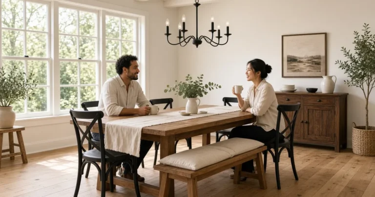 Couple sharing coffee at a rustic wood farmhouse dining table with X-back chairs, a linen runner and a black pendant light