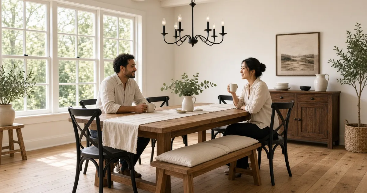 Couple sharing coffee at a rustic wood farmhouse dining table with X-back chairs, a linen runner and a black pendant light