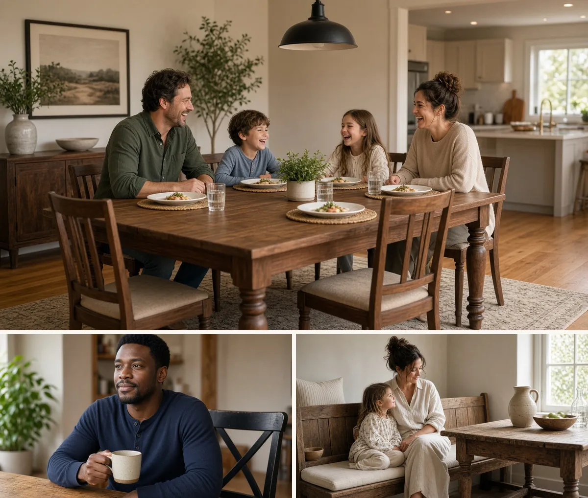 Farmhouse dining setups: a walnut extendable table with a family meal, black X-back chairs and a bench with linen cushions