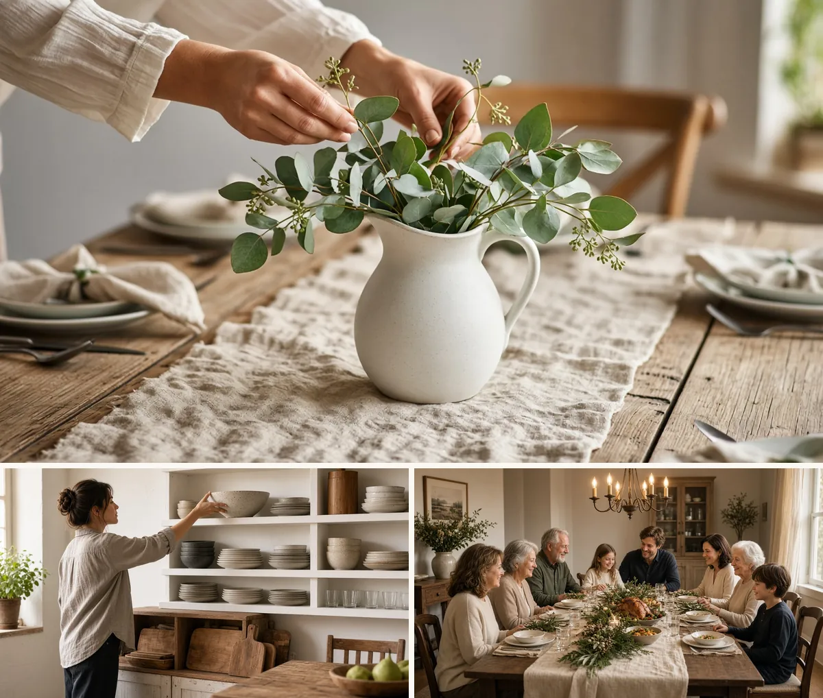 Linen runner with a eucalyptus centerpiece, open shelves of white dishes and a Thanksgiving farmhouse table with a family