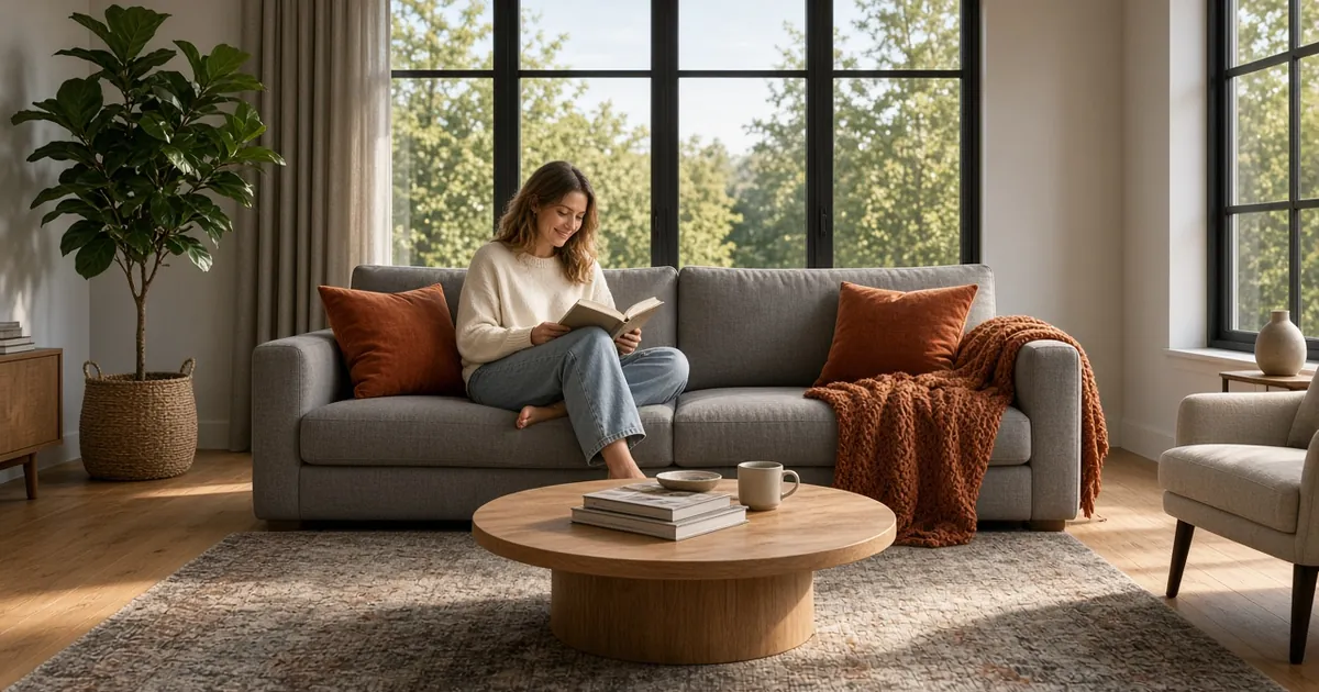 Woman relaxing on a grey sofa with burnt orange velvet pillows and a rust knit throw beside a grey and orange rug