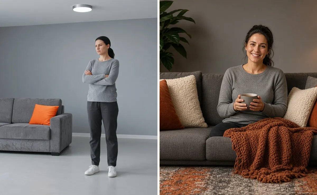 Flat grey living room with one bright orange cushion, then the same room with layered burnt orange textures and warm lamps