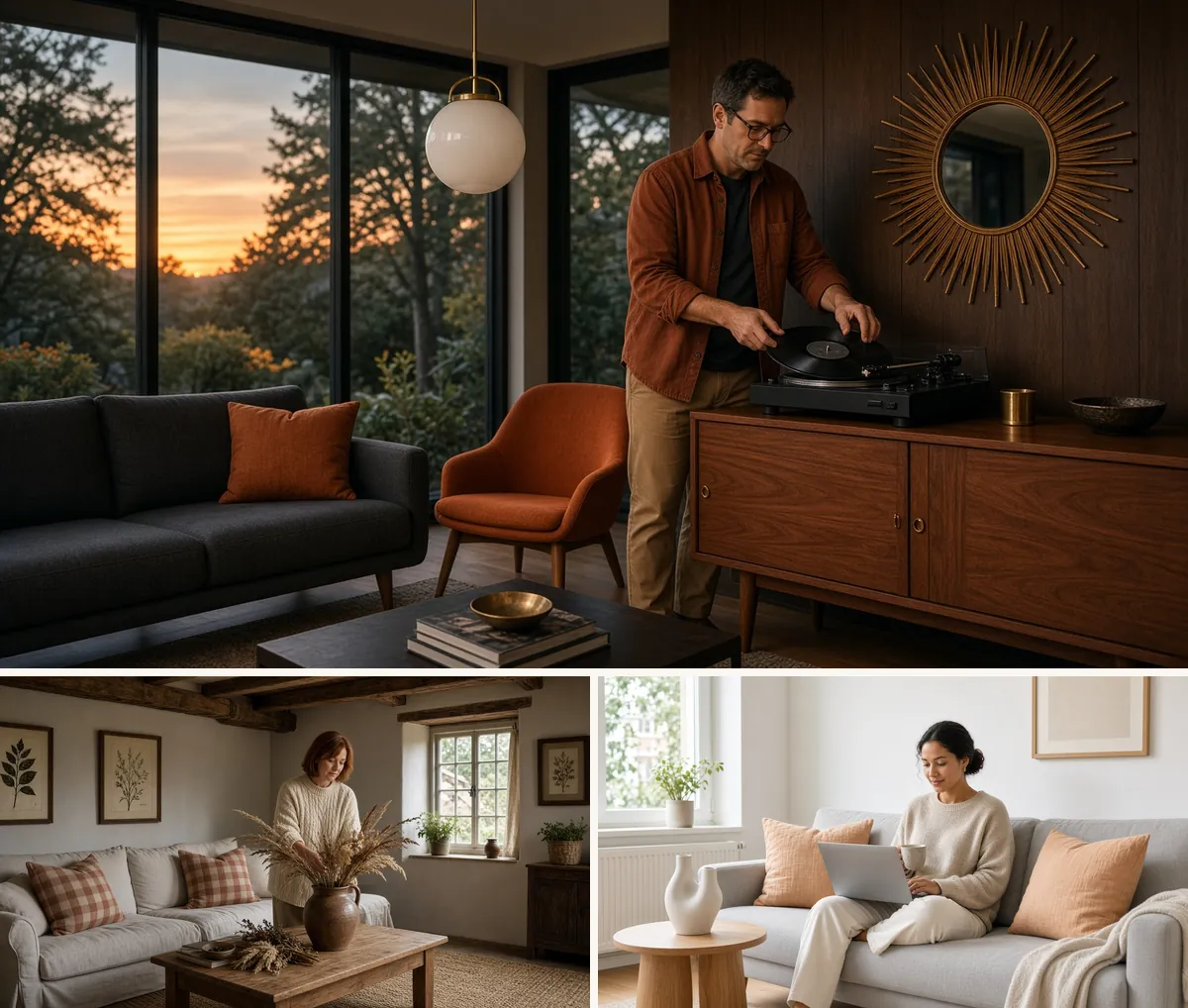 Grey and orange living rooms in mid century, cottage and Scandinavian styles with walnut, oak and burnt orange accents