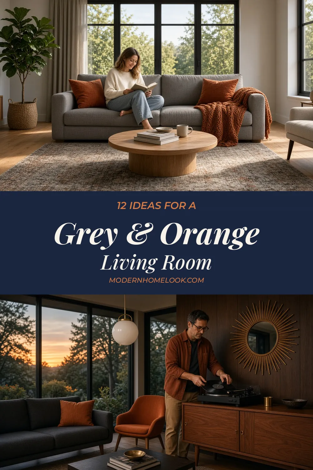 12 grey and orange living room ideas that look expensive, with a grey sofa, burnt orange pillows and rust curtains