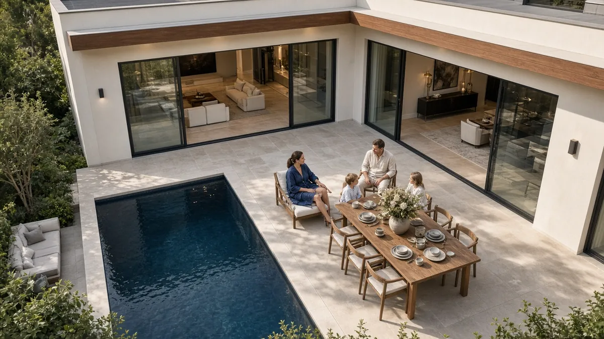 Family relaxing on the terrace of a modern L-shaped mansion whose two wings wrap around a courtyard pool
