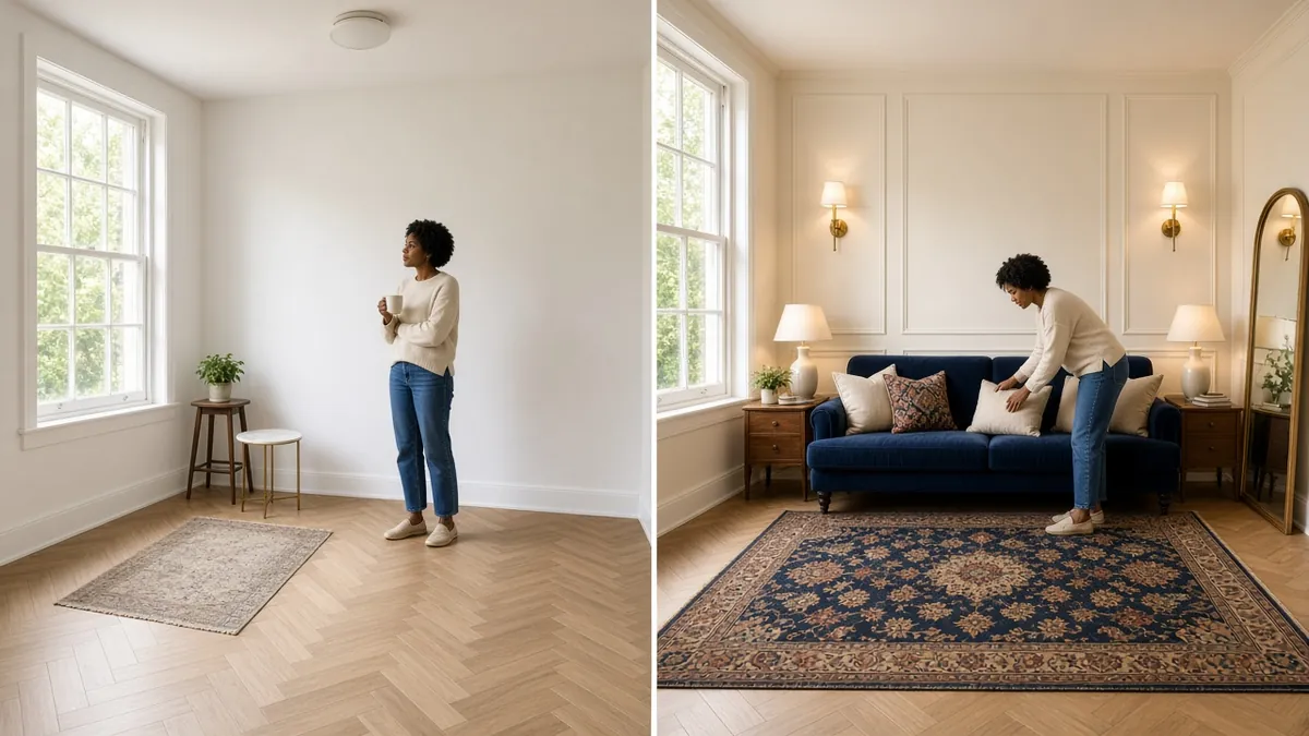 Before and after of a small living room with paneled wall molding, paired lamps, brass sconces and a large vintage style rug