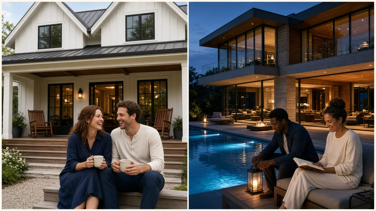 Modern luxury homes: a white modern farmhouse estate with a family on the porch and a glass mansion with a pool at dusk