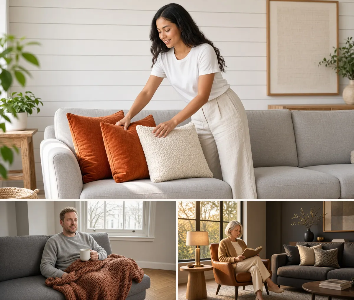 Orange accents on a grey sofa: burnt orange velvet pillows, a rust chunky knit throw and a cognac leather accent chair