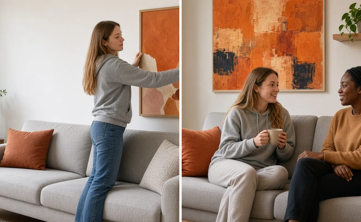 Renter hanging an orange art print above a grey loveseat, then relaxing in the finished cozy grey and orange living room