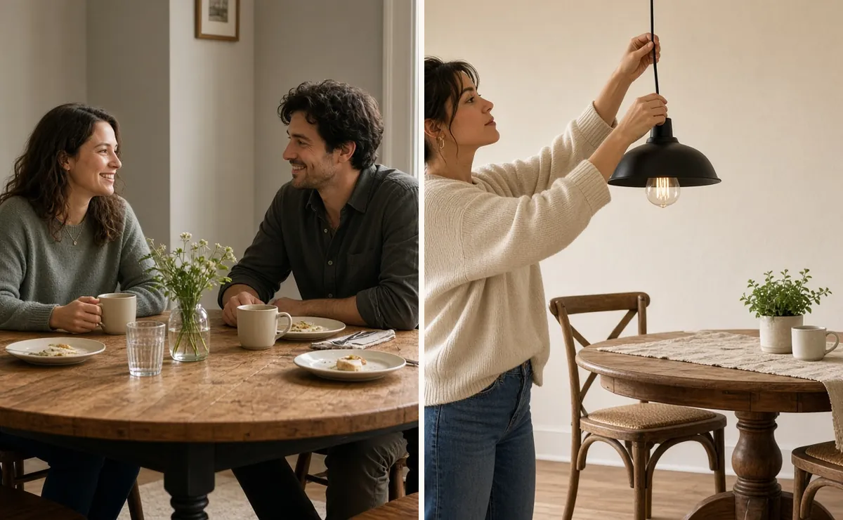 Couple at a round farmhouse table in a small apartment, and a renter hanging a pendant over a drop leaf table